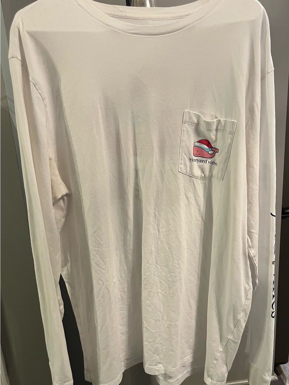 Vineyard Vines White Long-Sleeve Pocket Tee with Pink Whale Graphic